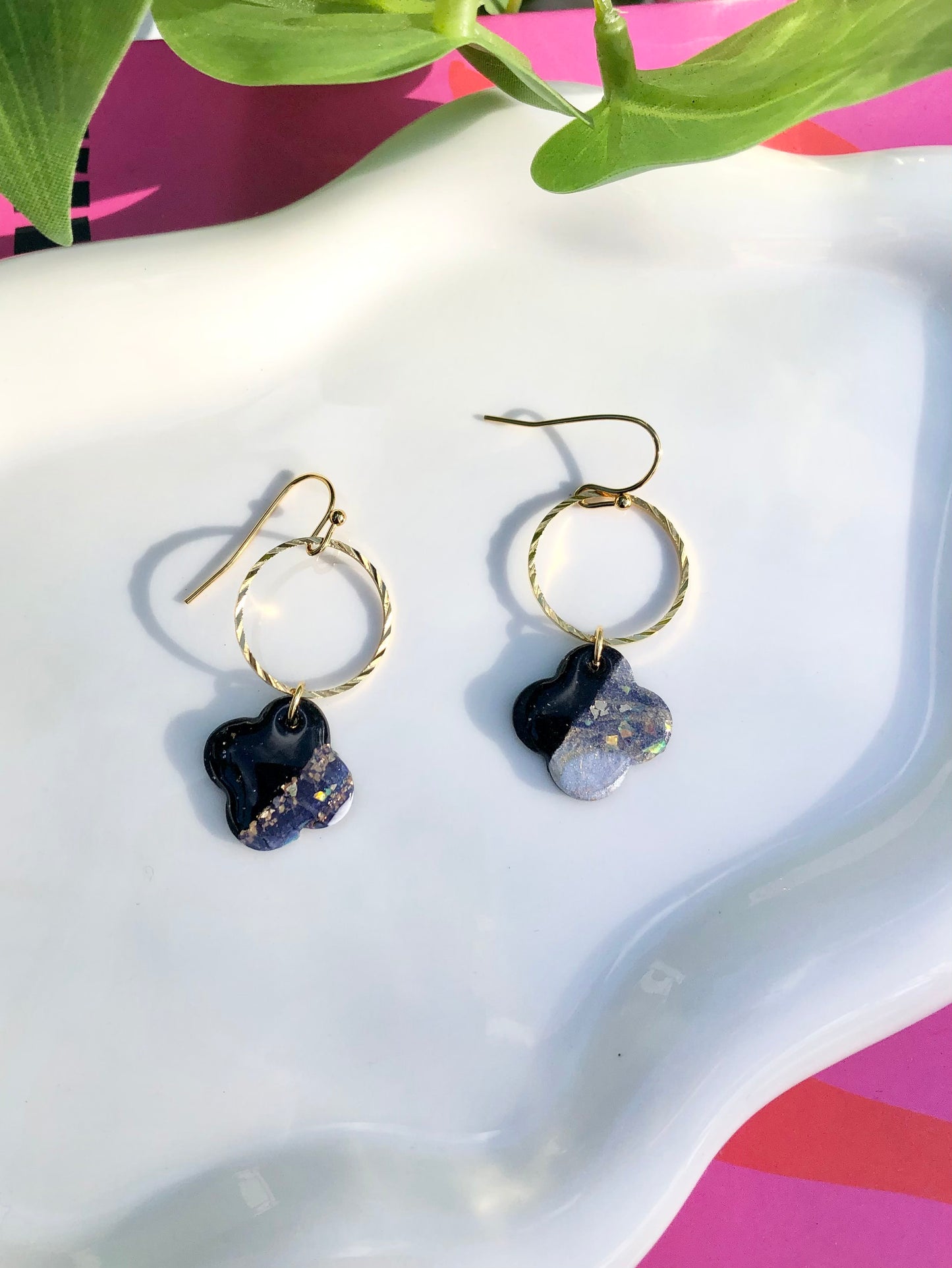Black Geode Clover Dangles