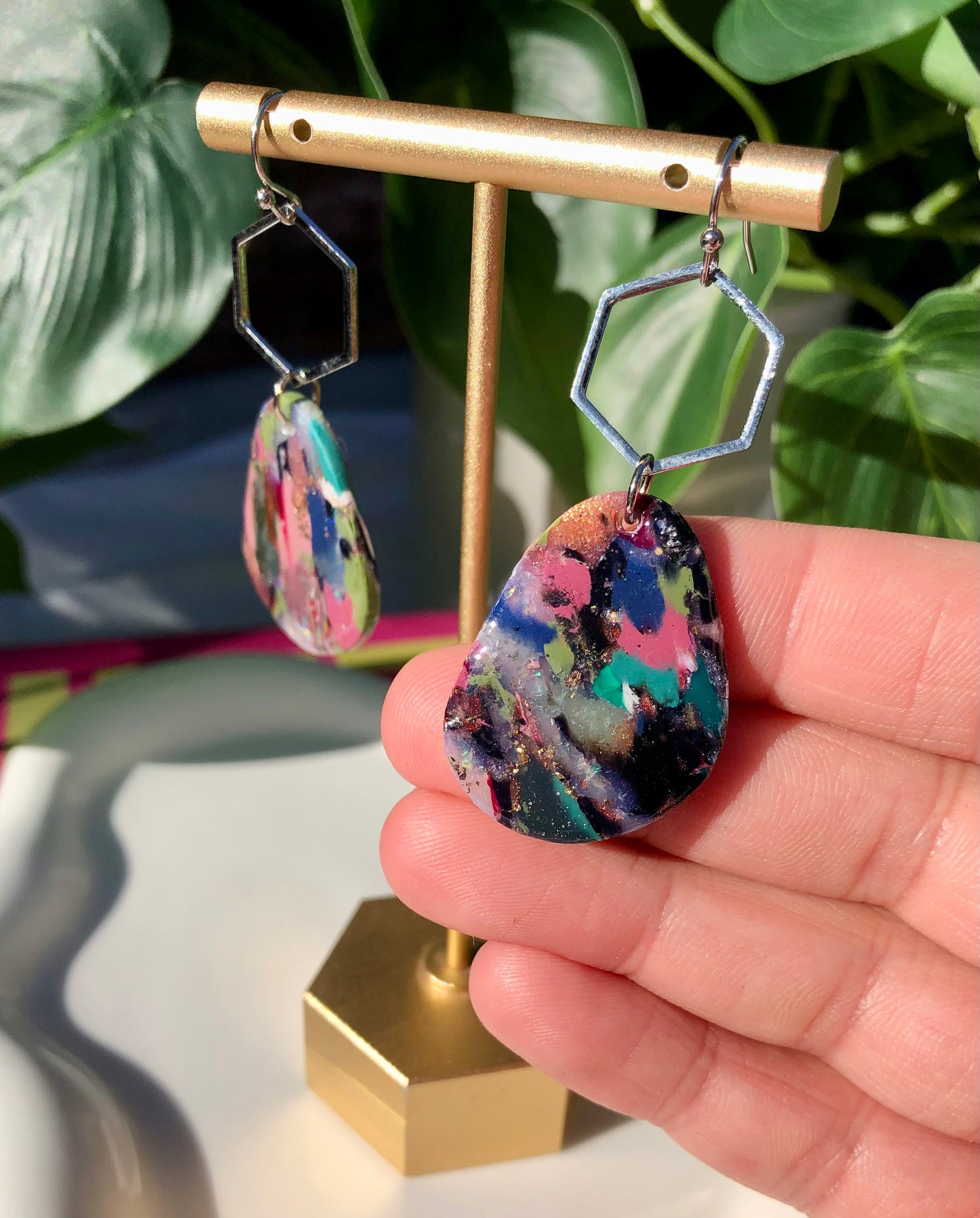 Mixed Stone Silver Hexagon Dangles