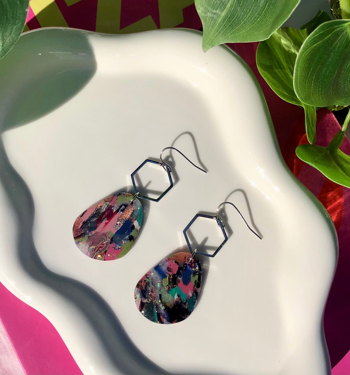 Mixed Stone Silver Hexagon Dangles