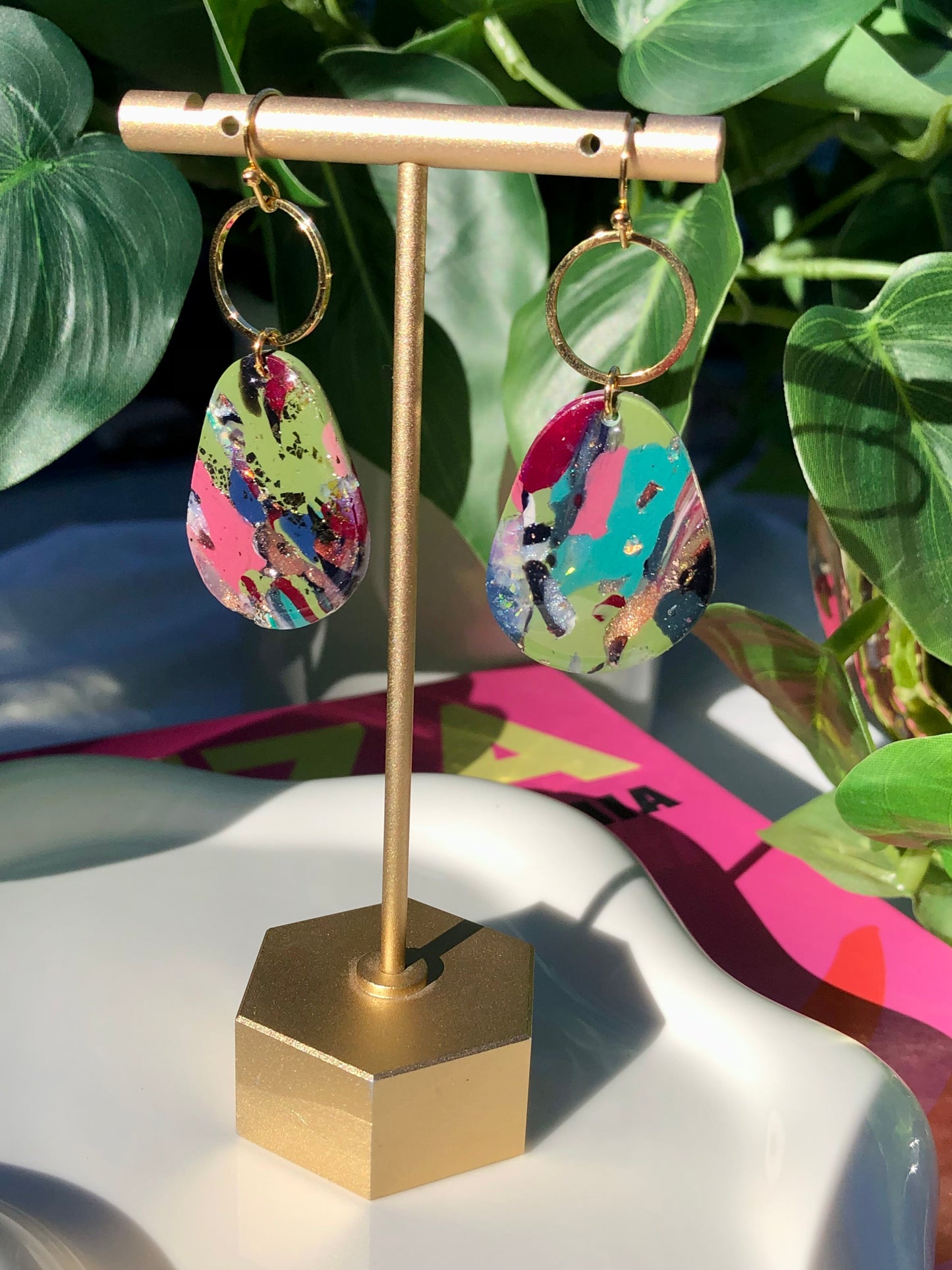 Mixed Stone Gold Hoop Dangles