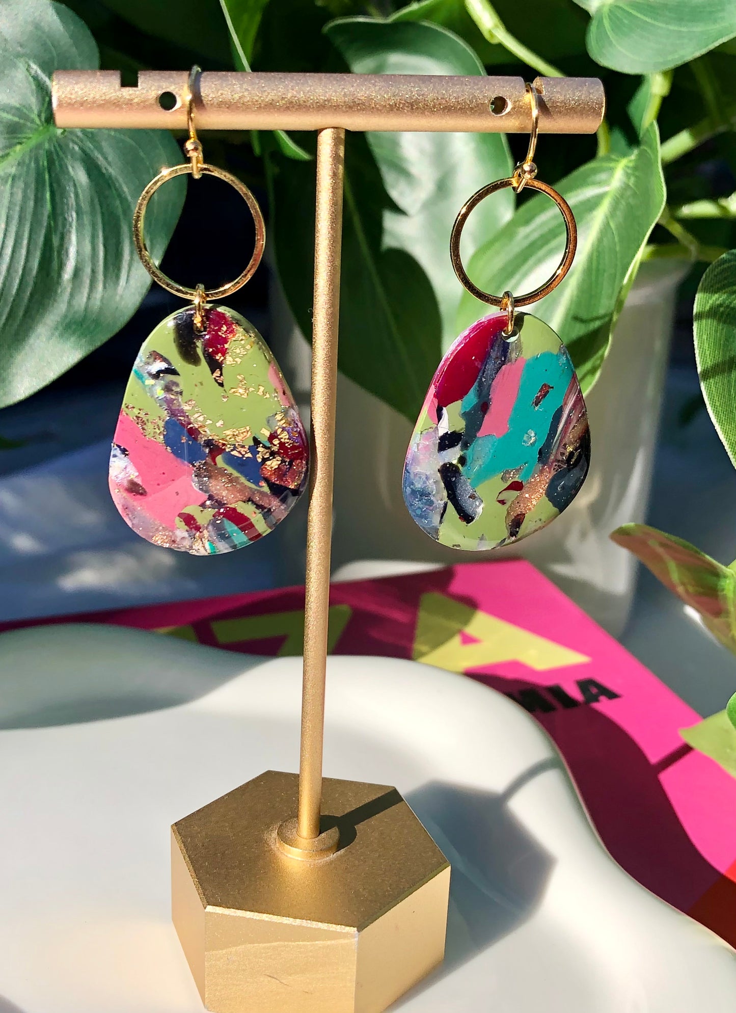 Mixed Stone Gold Hoop Dangles