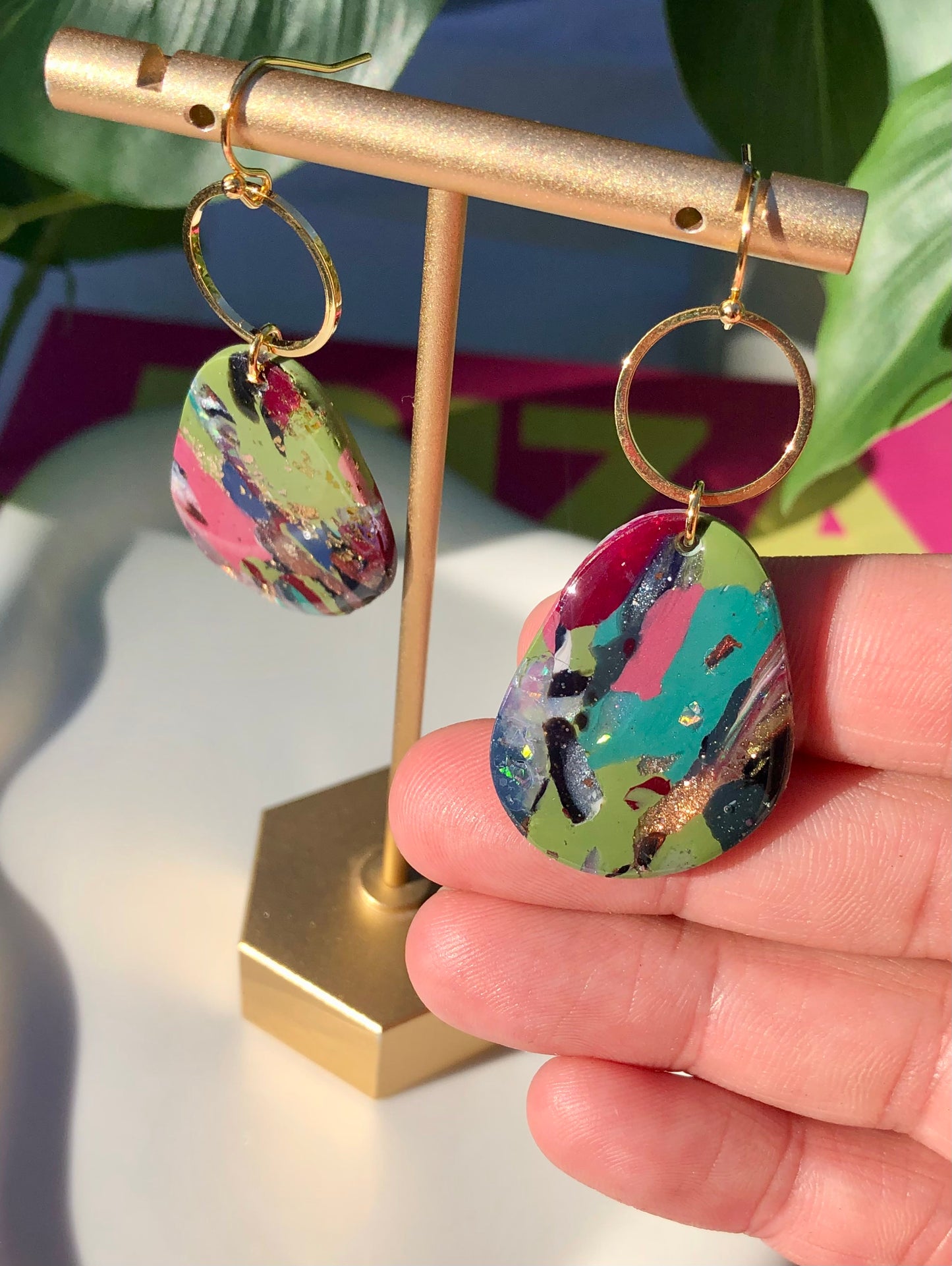 Mixed Stone Gold Hoop Dangles