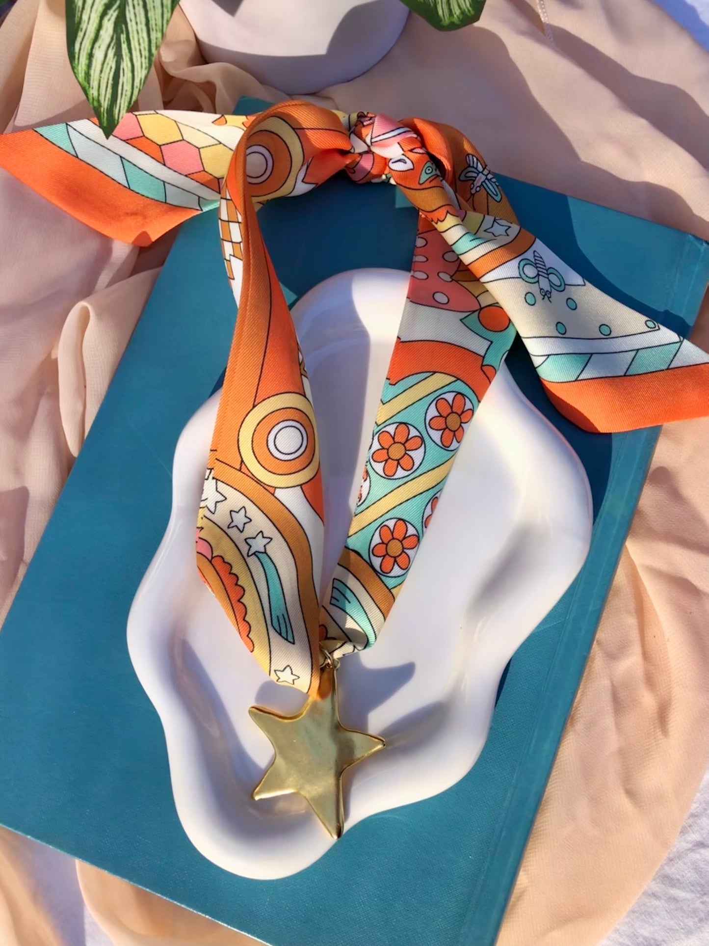 Whimsical Orange +Blue Scarf Necklace
