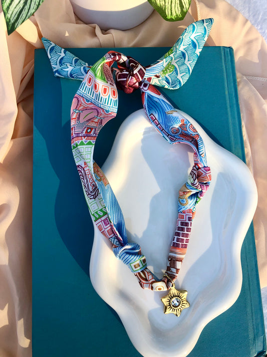 Blue Abstract Castle Scarf Necklace