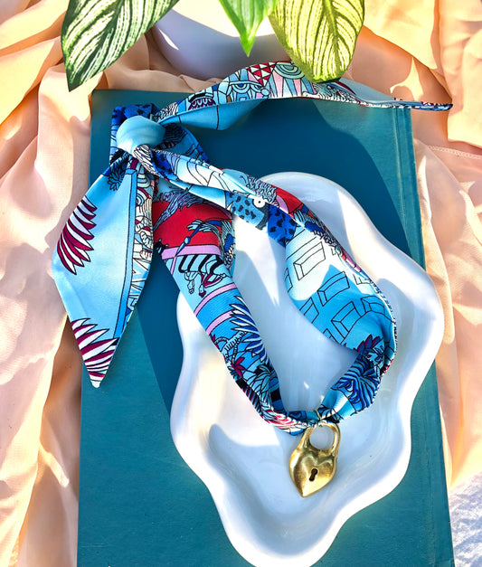 Light Blue + Red Jungle Cat Scarf Necklace