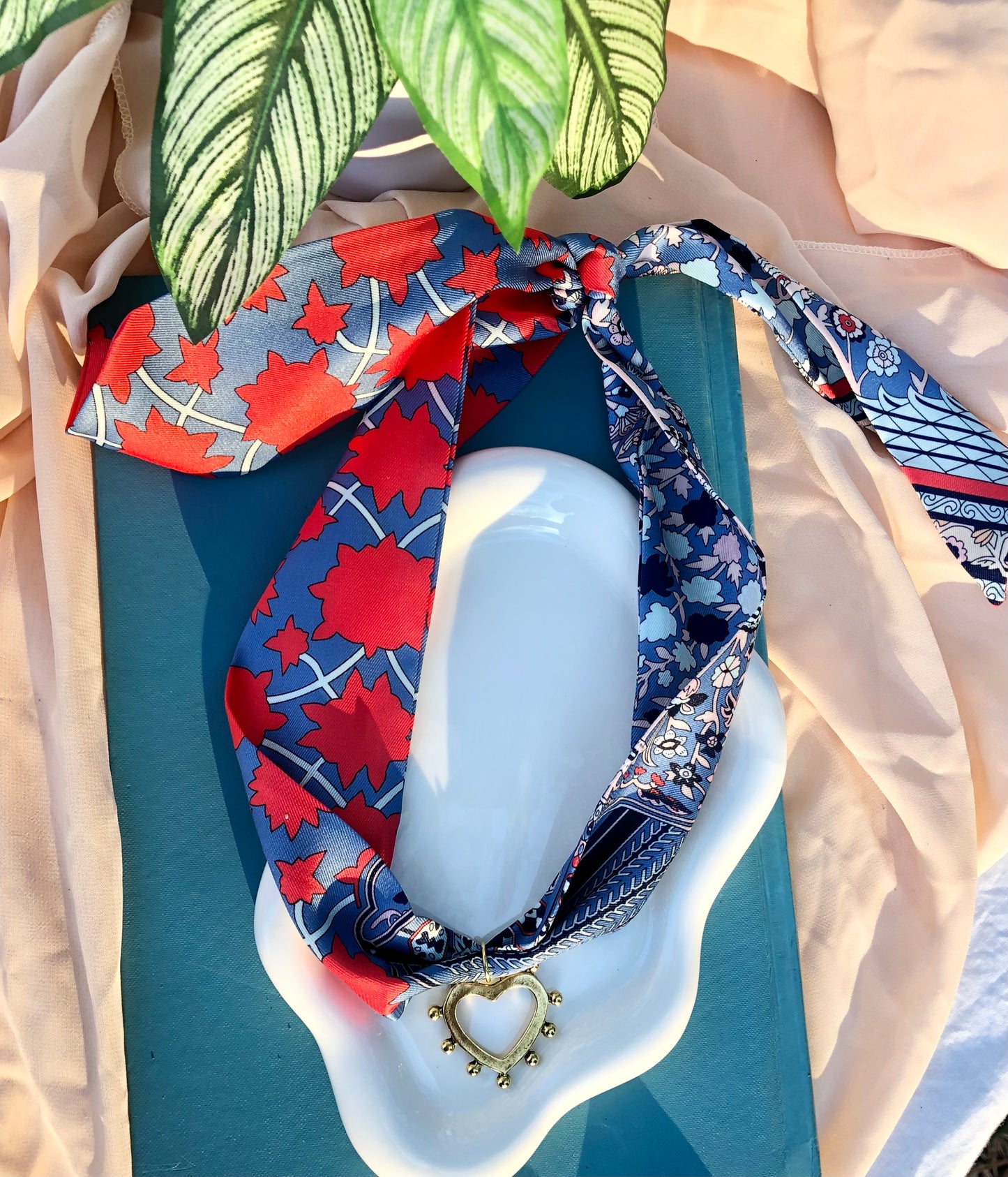 Blue Grey Flower Print Scarf Necklace