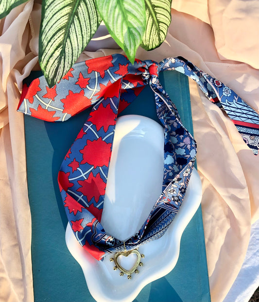 Blue Grey Flower Print Scarf Necklace