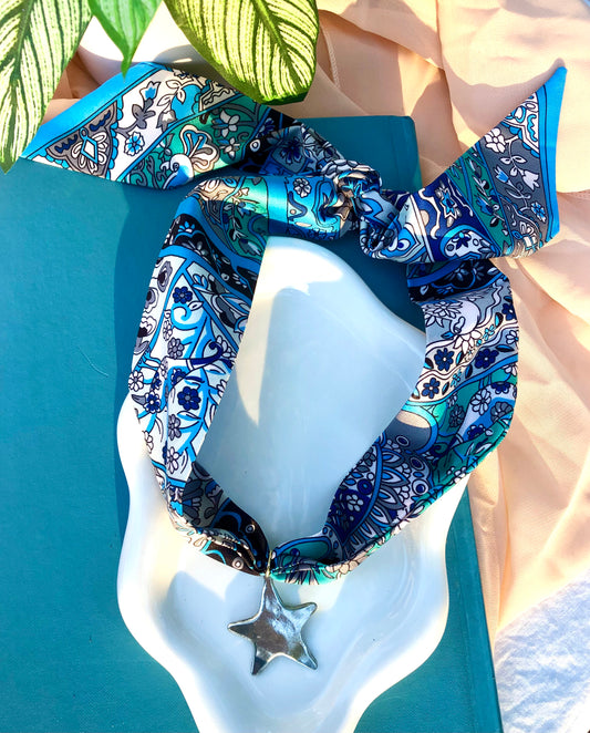 Blue, Gray + Green Paisley Scarf Necklace