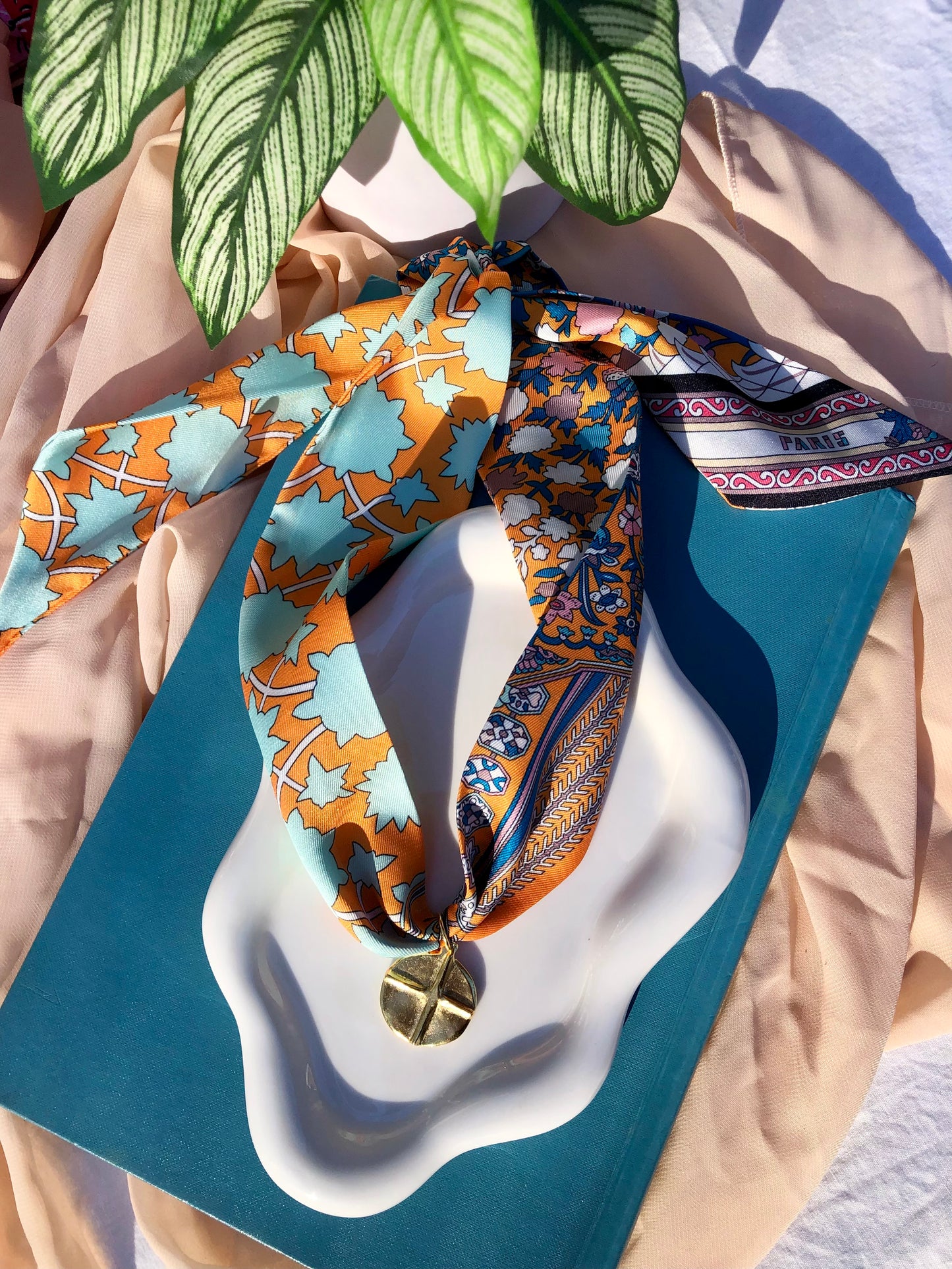 Orange Floral Print Scarf Necklace