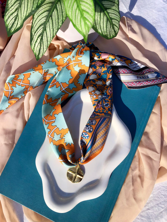 Orange Floral Print Scarf Necklace